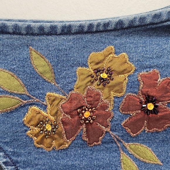 ERIKA Sleeveless Denim Jean Maxi Dress Fall leaves embroidered beads Size Medium - Picture 7 of 10